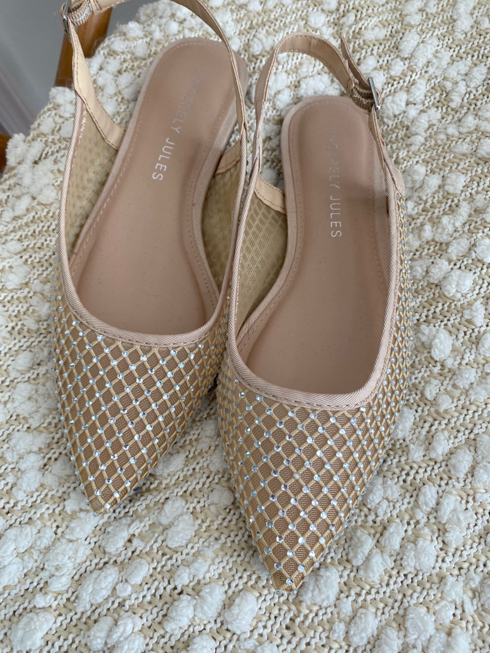 Sincerly Jules Beige Pointed Slingback Flats with Silver Mesh